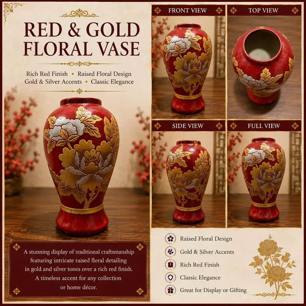 Red and Gold Ceramic Floral Vase